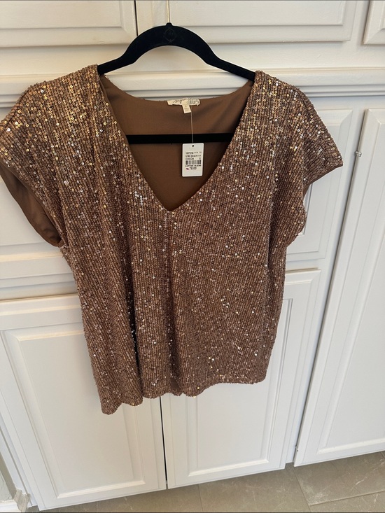 Mystree Tops - Mystree Sequin V-Neck Short Sleeve Top - Brown